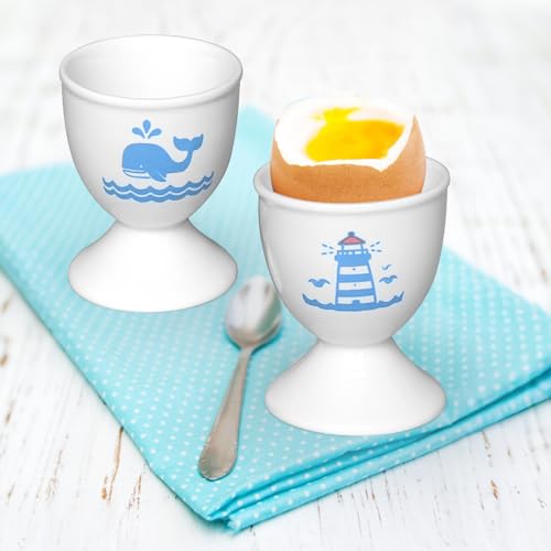 Image of Cinf Ceramic Egg Cups, 2 Pack, Lighthouse Whale Holders for Boiled Eggs