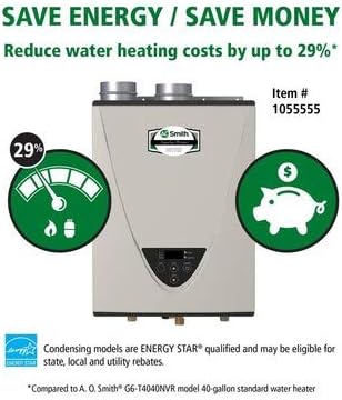 A.O. Smith Tankless Water Heater with energy saving illustration