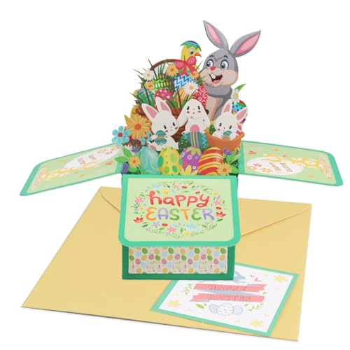 Ostereier Pop Up Karte, Osterkarten mit Umschlag, 3D Klappkarte zu Ostern, Ostereierkarte mit Hasenblumen, Hase Karte 3D Pop Up, Osterkarte, 3D Pop Up Osterkarten