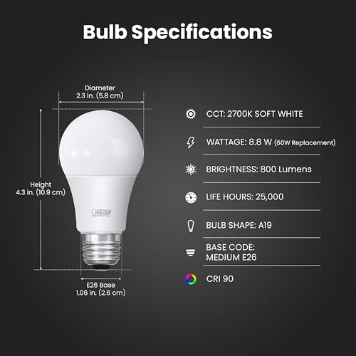 Image of Feit Electric A19 LED Light Bulbs, 60W Eq, Dimmable, Soft White 4 Pack | E26 Medium Base, 2700K, 800 lumens, enhance CRI 90+, 22 Year Lifetime, Damp Rated, for Lamps and Enclosed Fixtures
