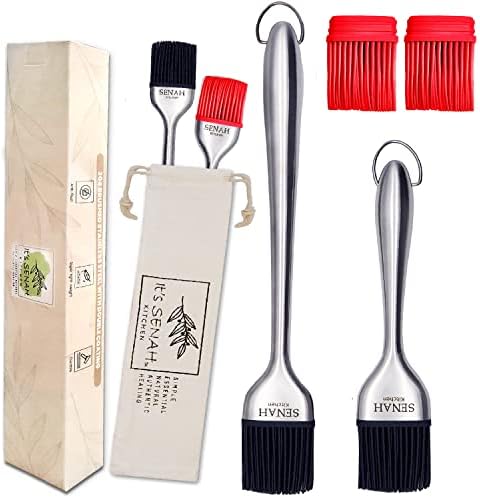 It's Senah | New 7pcs Bundle | 304-Stainless Steel BBQ Grill Basting Brush with 100% Natural, DUST-FREE Cotton Storage Bag, Easy Grip Handle Oil Brush, Anti-Rush Baking, Pastry Cooking Brushes