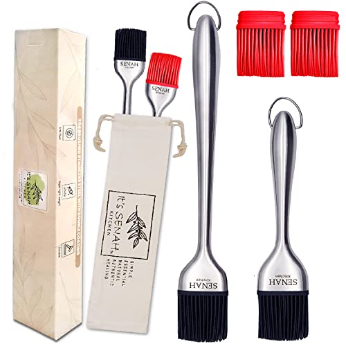 It's Senah | New 7Pcs Bundle | 304-Stainless Steel Bbq Grill Basting Brush With 100% Natural, Dust-Free Cotton Storage Bag, Easy Grip Handle Oil Brush, Anti-Rush Baking, Pastry Cooking Brushes #TOP3