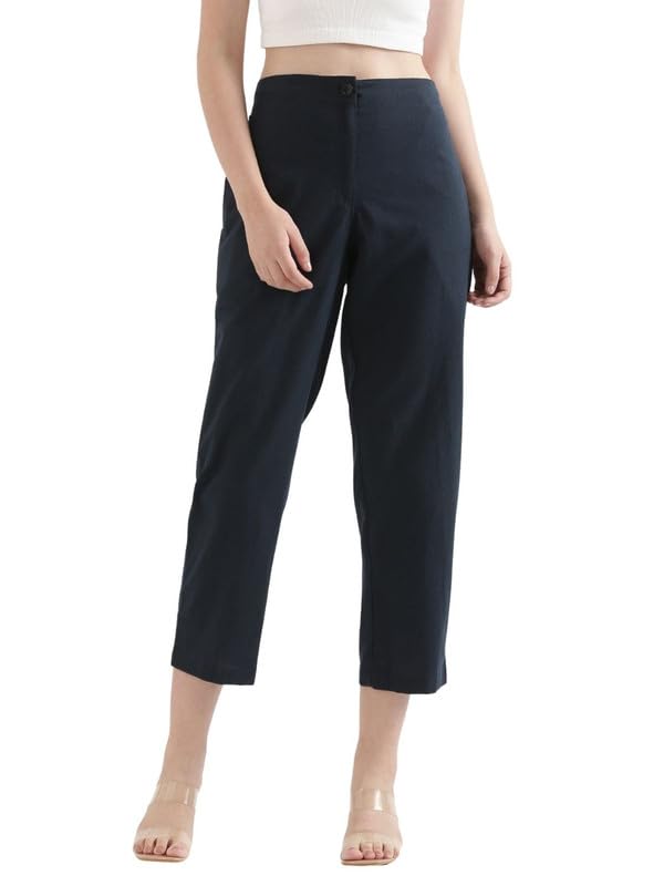 Image of SAADAA Women's Airy Linen Straight Pants | Regular Fit Trousers | Half Elasticated with Drawstrings & Buttons | 4 Pockets | Everyday & Office Wear