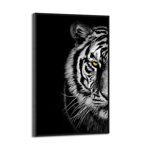 Framed Tiger Canvas Wall Art: Black White Animal Artwork Wildlife Portrait Picture for Living Room