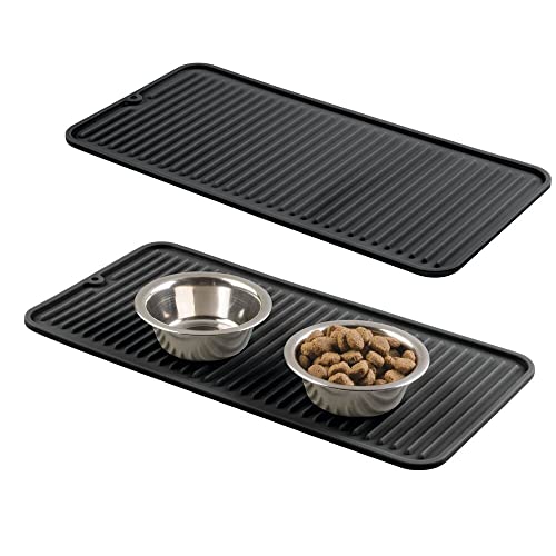 Mdesign Premium Quality Square Pet Food And Water Bowl Feeding Mat For Dogs And Cats, Waterproof Non-Slip Durable Silicone Placemat - Food Safe - Small, Linelle Collection, 2 Pack - Black #TOP5