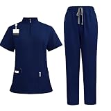 Aylashine Scrubs Medical Uniform, Set-Zipper Collar Top&Straight Pants, Unisex Workwear，for Doctors, Nurses, Beauty Salons Dark Blue