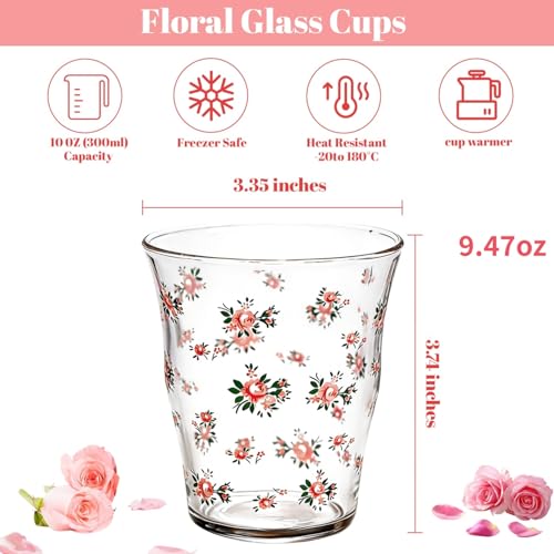 2-Pack Floral Glass Tea Cups, Vintage Lovely Water Glasses, Aesthetic Glass Coffee Cups, Cute French Pink Rose Glassware Set, Retro Flower Drinkware, Gift for Women Girls Sisters Mom and Friends