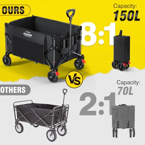 Miniatura 3 de Elegear Carro Plegable Con Ruedas 120l 100kg, Carrito Plegable Transporte Para Playa Camping Jardín, Carro Playa Con Asa Ajustable Y Portavasos Negro
