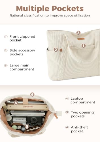 Lekespring Cord Tasche Damen, Groß Tote Bag Strandtasche mit Reißverschluss