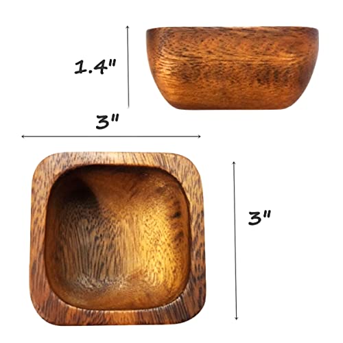 Dolphin Shop Acacia Square Wooden Bowl Tiny Size 3 X 1.4 Inch Handmade Set Of 4 (Free 4 Wood Spoons) For Condiments Dip Salt Nuts Snack Honey Cream Sugar Sauce Salsa Mustard Jelly #TOP4