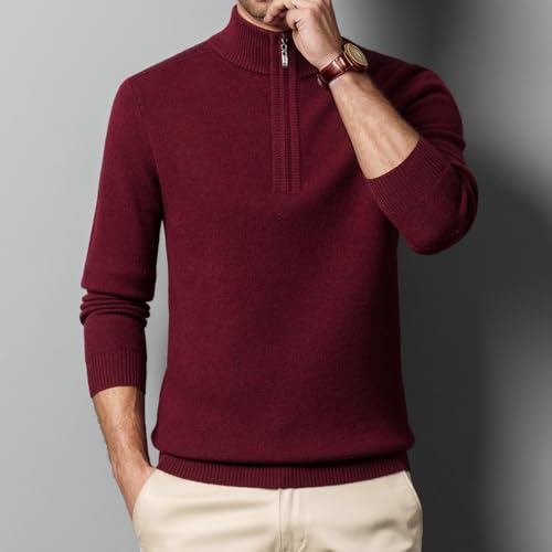 Mens 100% Wool Quarter-Zip Pullover Sweater Casual Mock Neck Winter Warm Long Sleeves Polo Sweaters3