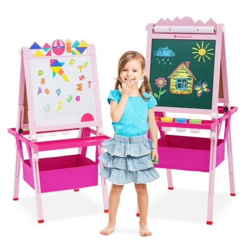 EULEUY Pizarra Infantil Caballete, Altura Ajustable, Pizarra Blanca y Pizarra de Tiza de Doble Cara con Rollo de Papel, Juego de Arte de Madera de Pie para Niños, Regalo para Niños y Niñas (Rosa)