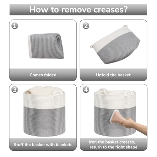 Goodpick Cotton Rope Storage Basket, 15 x 14.2 Inches Baby Laundry Baskets for Clothes, Toy Storage Blanket Basket With Handles for Living Room, Small Woven Baskets for Organizing Home Décor, Grey