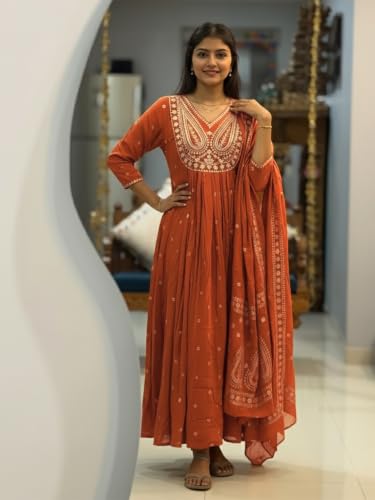 Image of ANNI Designer Women's Rayon Viscose Printed Embroidered Anarkali Kurta with Pant & Dupatta | Ethnic Kurti Set with Embroidery | Soft Comfortable Fabric | Stylish Outfit for Festive, Office