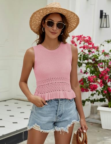 Image of CiCiBird Women Cute Crop Sweaters Vest Knit Sleeveless Pullover Tops Crochet Ruffle Hem Tank