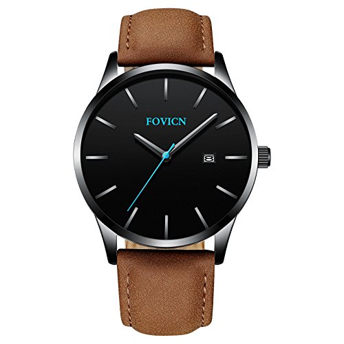 SUNWH Montre pour Hommes Noir Profond Ultra Ultra Mince Montres Classiques Date Calendrier Date Fenêtre pour Hommes d'affaires Décontractée Mode Étanche Robe en Cuir Band