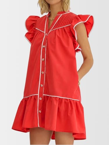 HOULENGS Women's Summer Ruffle Cap Sleeve Flowy Short Dresses Button Down V Neck A Line Babydoll Mini Dress with Pockets2