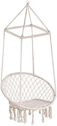 Outsunny Hammock Macrame Swing Chair Hanging Seat Rope Tassels Indoor Outdoor Garden Solid Knitted Woven Net Seat Deck Porch Yard Beige
