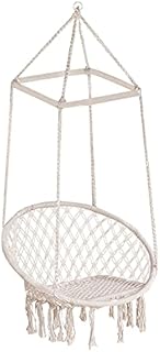Outsunny Hammock Macrame Swing Chair Hanging Seat Rope Tassels Indoor Outdoor Garden Solid Knitted Woven Net Seat Deck Porch Yard Beige