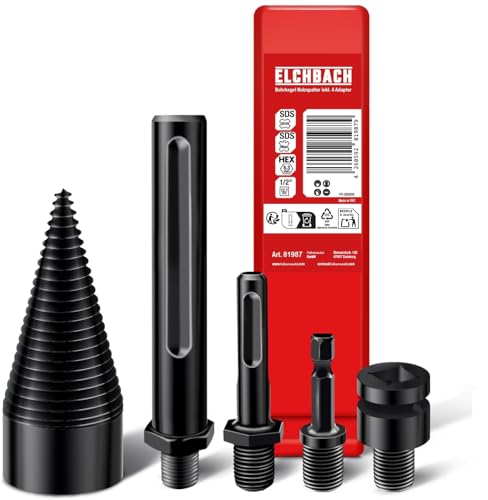 ELCHBACH® Holzspalter 42 mm - Holzbohrkegel mit 4 Adaptern - präzise und schnell, feuerfest für Holz, Premium Brennholzbohrer - kompatibel mit Akku-Bohrschrauber