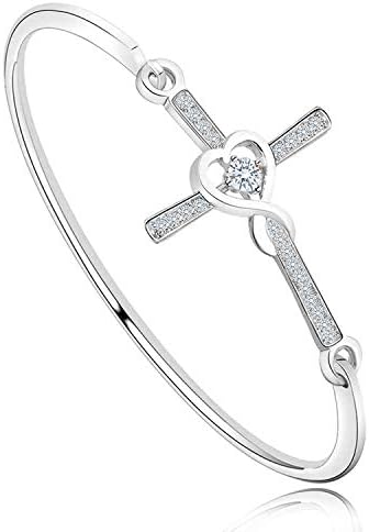 Christian Bracelet Infinity Love Heart God Cross Bracelet Crystal Sideway Cross Bangle Religious Gift for Women (Silver)