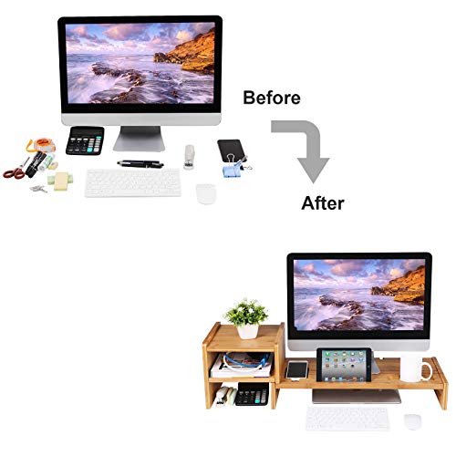 SONGMICS Bamboo Monitor Stand Riser Laptop Cellphone TV Printer Stand with 2-Tier Desktop Storage Organizer Patented ULLD217 - Image 3