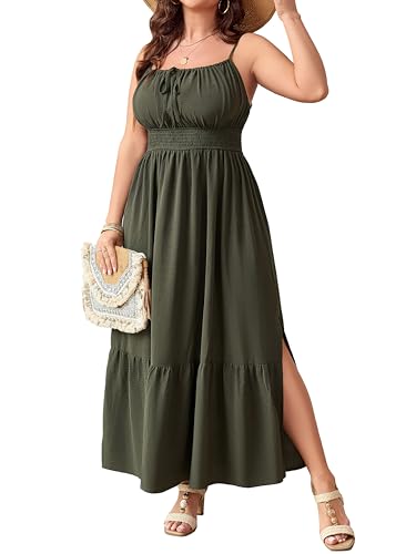 Image of SCOMCHIC Plus Size Summer Boho Dresses Spaghetti Strap Sleeveless Casual Sundress Smocked Flowy Slit Beach Maxi Dress