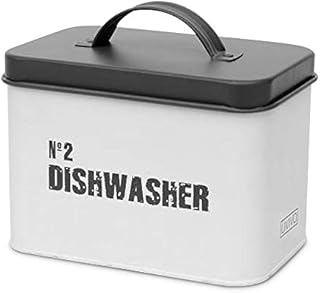 LIVIVO Enamel Coated Dishwasher Tablets Detergent Pod Capsule Metal Storage Holder Tin Box With Airtight Lid  Grey & White