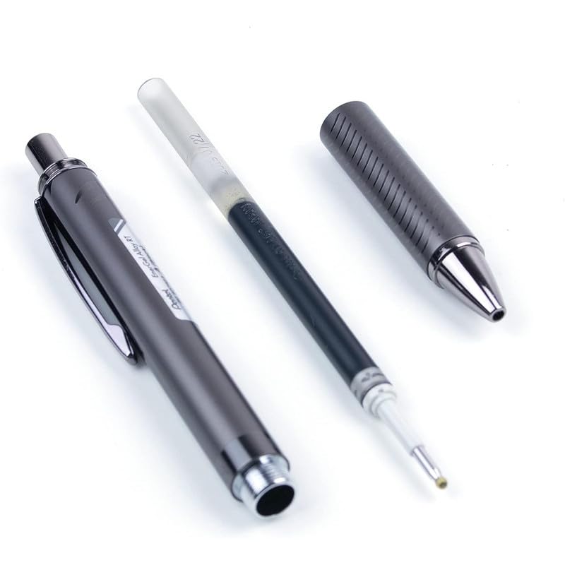 Image of Pentel EnerGel Metal 0.7mm Roller Gel Pen | Aluminium Metal Matte Black Body | Textured Grip With Retractable Mechanism | Black Body, Blue Ink