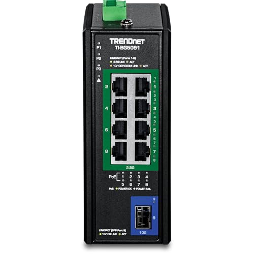 Image of TRENDnet 9-Port Industrial 2.5G DIN-Rail PoE++ Switch with 10G SFP+ Port, TI-BG5091, Multi-Gigabit, 8 x 2.G PoE++ Ports, 1 x 10G SFP+ Port, 480W PoE Power Budget, 60Gbps, Lifetime Protection, Black