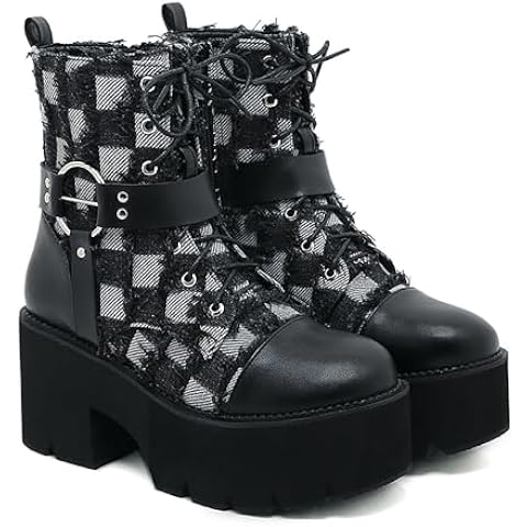 Women's Denim Leather Splice Chunky Heel Goth Ankle Boots With Side Zipper Platform Block High Heel Lace Up Combat Boots Breathable Lined Comfy Y2K Punk Motorcycle Short Booties
