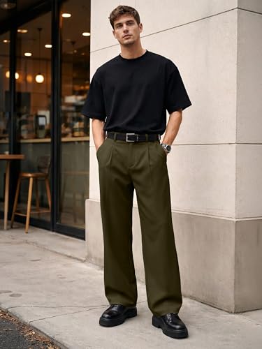 Image of JMIERR Mens Baggy Casual Dress Pants Lightweight Pleated Old Money Wide Leg Pants Loose Relaxed Fit Trousers