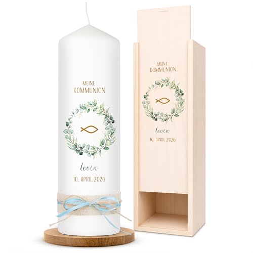 AMARI Kommunionkerze personalisiert Eukalyptus Fisch H:25cm/:8cm - Personalisierte Kommunionkerze für Jungen & Mädchen Kerze zur Kommunion selbst gestalten