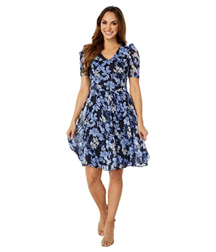 Image of Tommy Hilfiger Women's Puff Sleeve V-Neck Tie Waist Chiffon Mini Dress