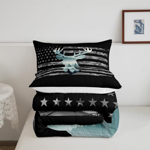 Image of Feelyou Camo Hunting Bedding Set - Twin Size, Forest Smoky Deer Comforter, American Flag Duvet Set with 1 Pillow Case