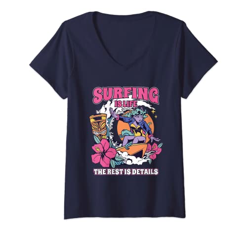 Mujer Surf Summer Surfing is Life Girl - Tabla de surf con diseño de flores tiki Camiseta Cuello V