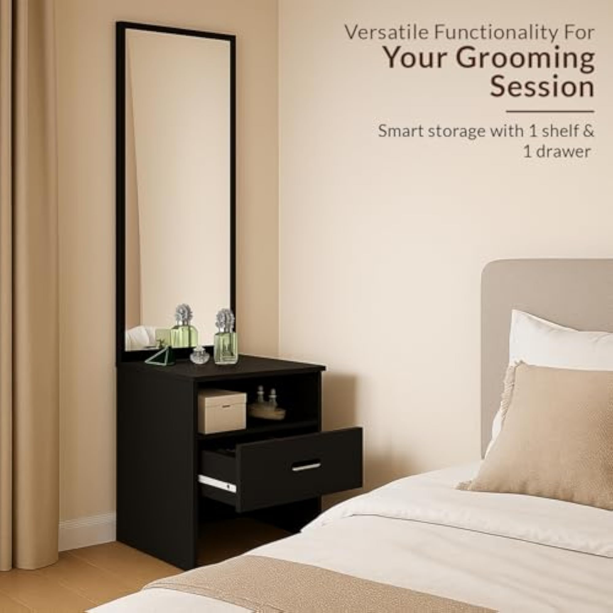 Wooden Dressing Table with Mirror, Classic Black