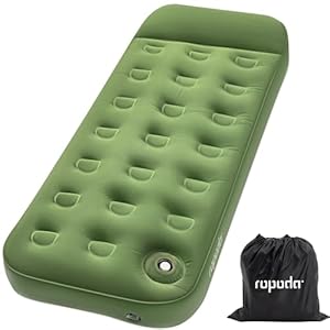 ROPODA Single Air Bed, Quick Flocked Inflatable Mattress, Blow Up Camping Bed with Pillow & Built-in Foot Pump, for Camping, Short Trips, Family Guests 75″*30″*11″ (Green)