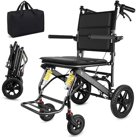 WISGING Ultra-Light Transport Wheelchair - Folding Portable Wheelchair with Bag - Trolleys for Elderly Aircraft Travel with Hand Brake Cover