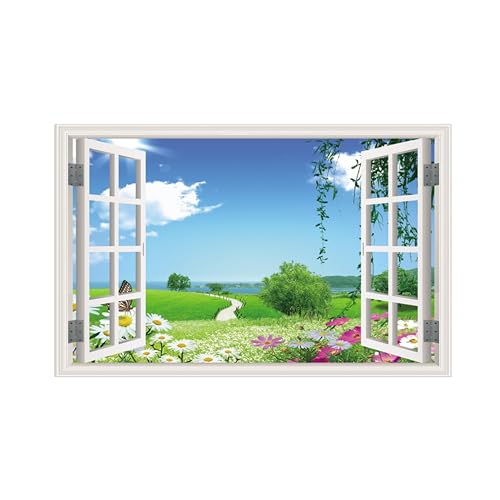 OZPWBVY Paysage Impression sur Toile-Fausse Fenêtre Tableau-Fleurs Champ-Nature Image Murale Décoration Salle de Bain Salon 70x115cm Sans Cadre