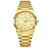 Poedagar Orologio da uomo di lusso alla moda, con data, settimana, impermeabile, luminoso, in acciaio inox, per uomo, casual, business, al quarzo, Oro Oro