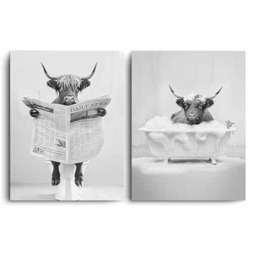2 Pcs Funny Highland Cow Wall Art, Rustic Bathroom Cows Pictures Wall Decor