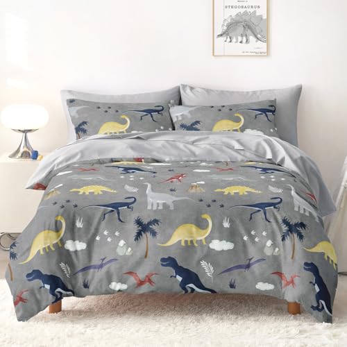 Wake In Cloud - Dinosaur Bedding Set for Boys, Cute Colorful Dinosaur Dino, Soft Lightweight Comforter Set with Sheets, 5 Pieces Kids Bed in a Bag, Dark Gray, Twin Size