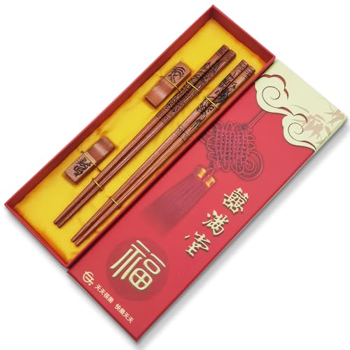 UICCVOKK Bacchette cinesi, riutilizzabili, stile drago e fenice, lavabili in lavastoviglie, stile cinese in legno di faggio naturale, set regalo