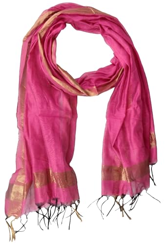 Image of YOUTHQUAKE Women's Chanderi Plain Silk Dupatta with Golden Border & Tassels