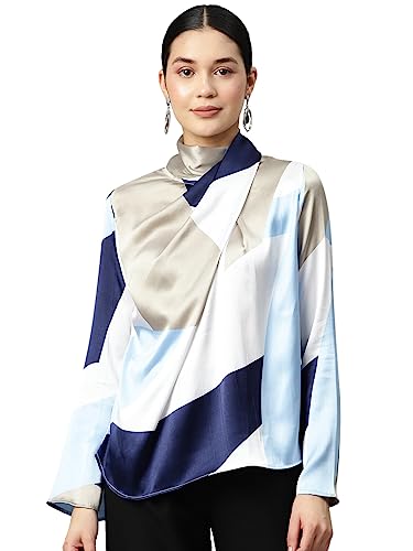 Image of IVES Women's Blue Printed High Neck Top High Neck Hook and Eye Standard Length Full Sleeve Polyester Western Casual and Office Wear Good Choice for Women and Girls