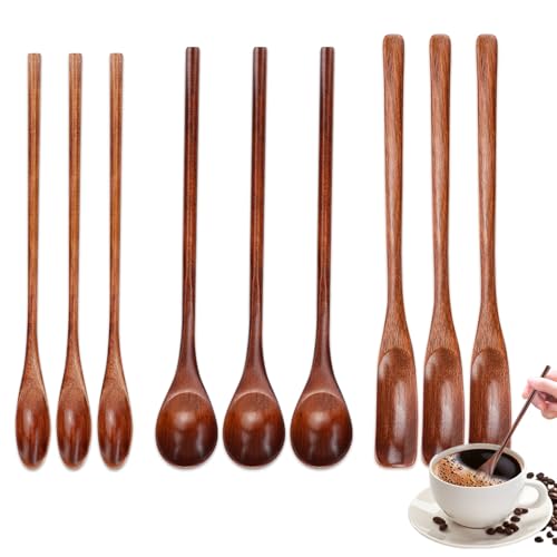 Cucharas de madera para café y miel con mango largo, juego de 9 piezas para mezclar 2