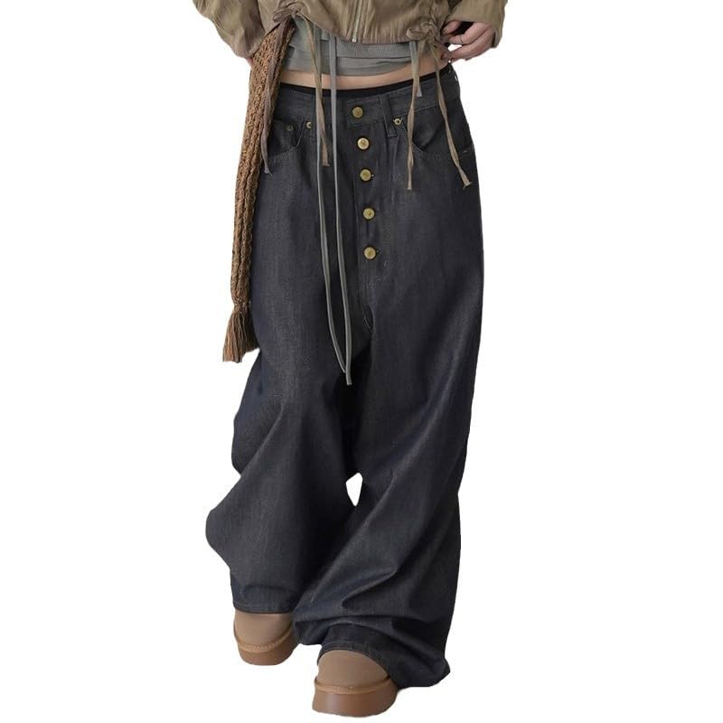 Women's Wide Leg Jeans Low Waisted Stretchy Straight-Leg Button Fly Jeans 70s Stylish Street Jeans with Pockets