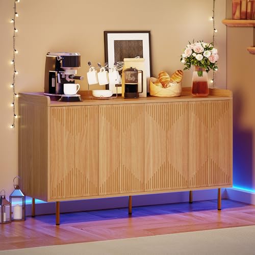 DWVO 55" Kitchen Storage Cabinet, Modern Sideboard Buffet Cabinet with Storage, Adjustable Shelves and Carved Design Doors for Living Room, Dining Room, Natural