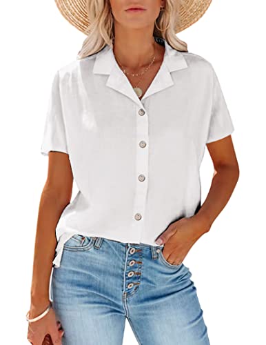 Zeagoo Women Cotton Linen Shirt Button Down Short Sleeve Blouse V Neck Casual Work Tunic White #TOP28